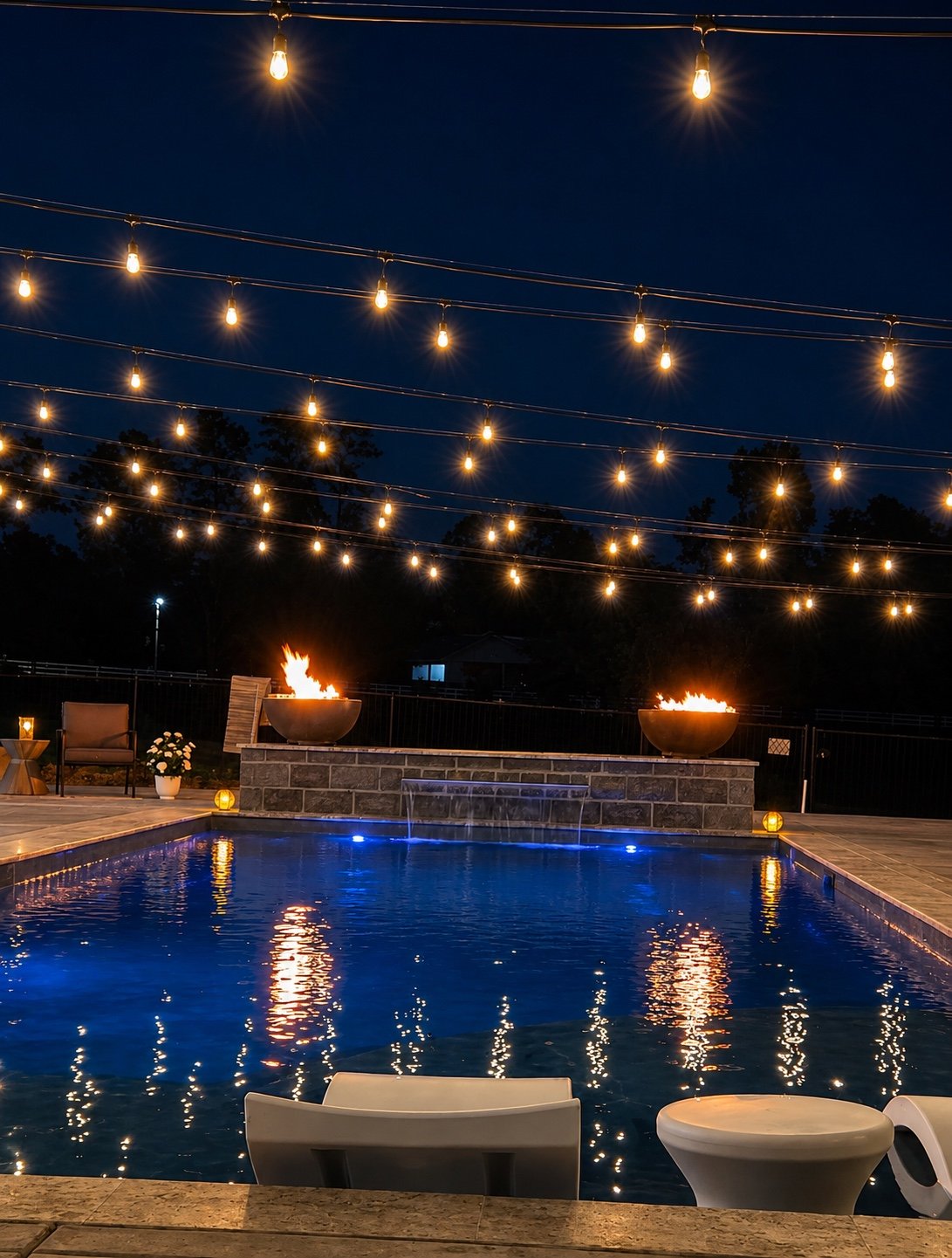 Custom pool with fire bowls and water feature at night